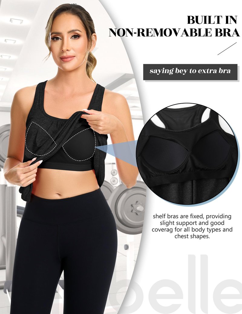 SLIMBELLE Mesh Racer Back Tank Tops Womens Gym Yoga Athletic Workout Tops Round Neck Sleeveless Loose Fit Cami with Built in Bra Black 3XL