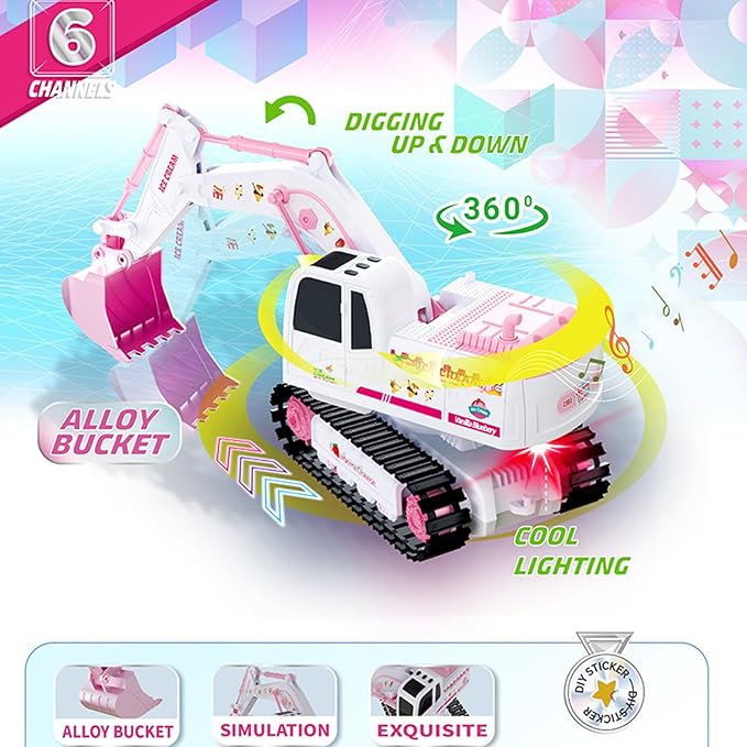 Pink RC Excavator 6 Channel 2.4Ghz RC Construction Vehicle1:24 Scale Pink Excavator Toy with 360° Rotation Light Sound and DIY Stickers Birthday Gift for Teens Adults (3 Battery)