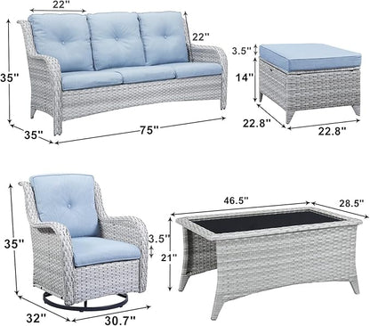 Rilyson Patio Furniture Swivel Chairs Set - 7 PC Wicker Rattan Outdoor Sectional Conversation Sets with Rocking Chairs,Ottoman,Sofa and Coffee Table for Porch Deck Garden(Light Grey/Sky Blue)