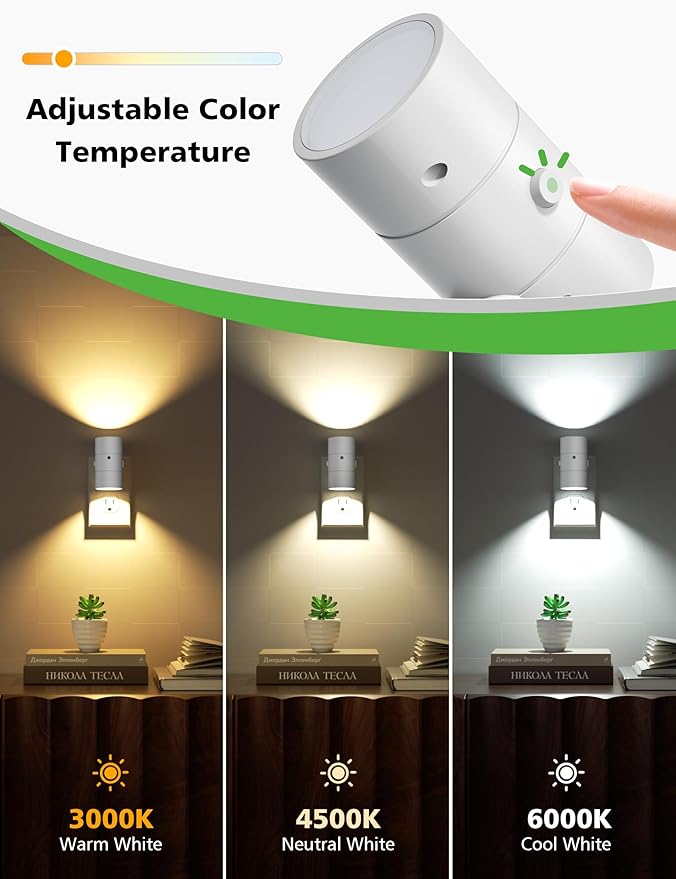 Night Lights Plug Into Wall,Dimmable LED Nightlight with Dusk to Dawn Sensor,0-100LM Adjustable Brightness,3 Color Temperatures,Night Light for Hallway Bathroom Stair Bedroom,White,4 Pack
