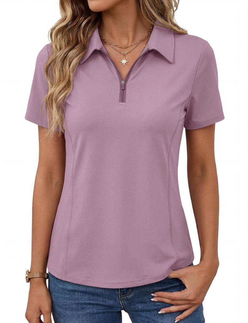 LOMON Women Quick Dry UPF 50+ Golf Shirt Short Sleeve Sun Protection Tops for Tennis Soft V Neck Shirt (Gray Purple M)