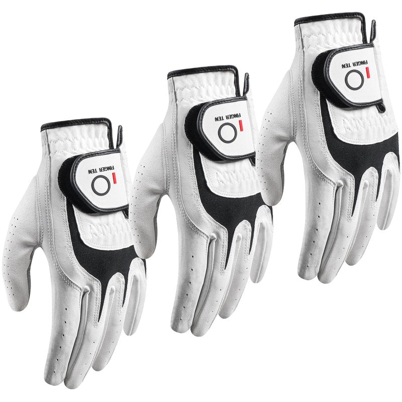 FINGER TEN Premium Golf Gloves Men Cabretta Leather Value 3 Pack for Right Left Handed Golfers, All Weather Grip Comfortable Glove Size S M ML L XL for Left Right Hand (White-3 Pack, Large, Left)