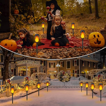 IkeeRuic Solar Halloween Flame Torch Lights for Outdoor Decor, 12Pack Outdoor Lights Solar Powered Waterproof, LED Torches for Outside Decor, Luces Solares Outdoor Decorations for Patio Garden Art