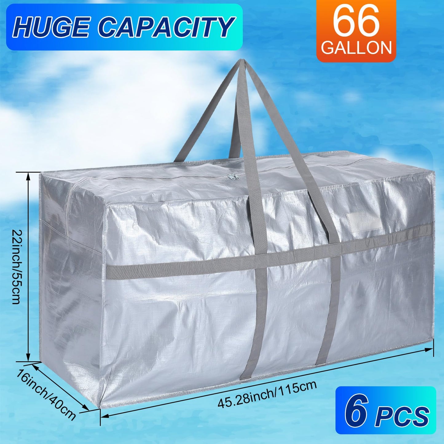 Clysee 4 Pcs 66 Gallon Extra Large Moving Bags Heavy Duty Storage Bag with Strong Zipper Handle Foldable XXL Jumbo Storage Tote Packing Moving Box for College Dorm Travel Cloth Duffle (Silver)