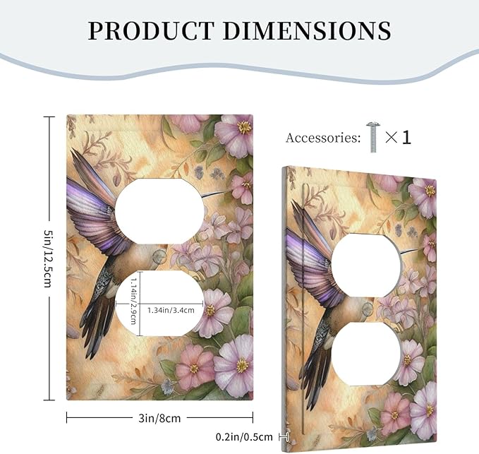Decorative Art Light Switch Covers Blossom & Hummingbird 1 Gang Single Duplex Outlet Wall Plate Switchplate Electrical Faceplate for Home Decor