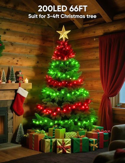 Ollny Smart Christmas Lights, 66FT 200 LEDs APP Control RGB Color Changing Christmas Tree Lights with Remote, Programmable DIY Musical Waterproof Green Wire Decor Light with Timer for Indoor Outdoor