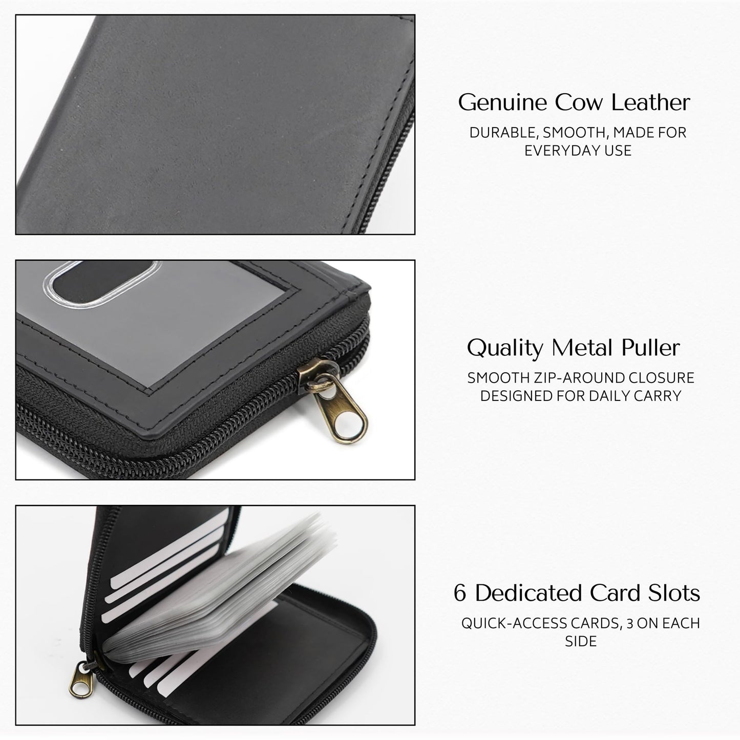 Zip Around Leather Card Wallet with Inserts - RFID Blocking Credit Card Organizer with 20 Sleeves, Top-Loading Card Access, ID Window & Bill Compartment - Genuine Cow Leather (Black)