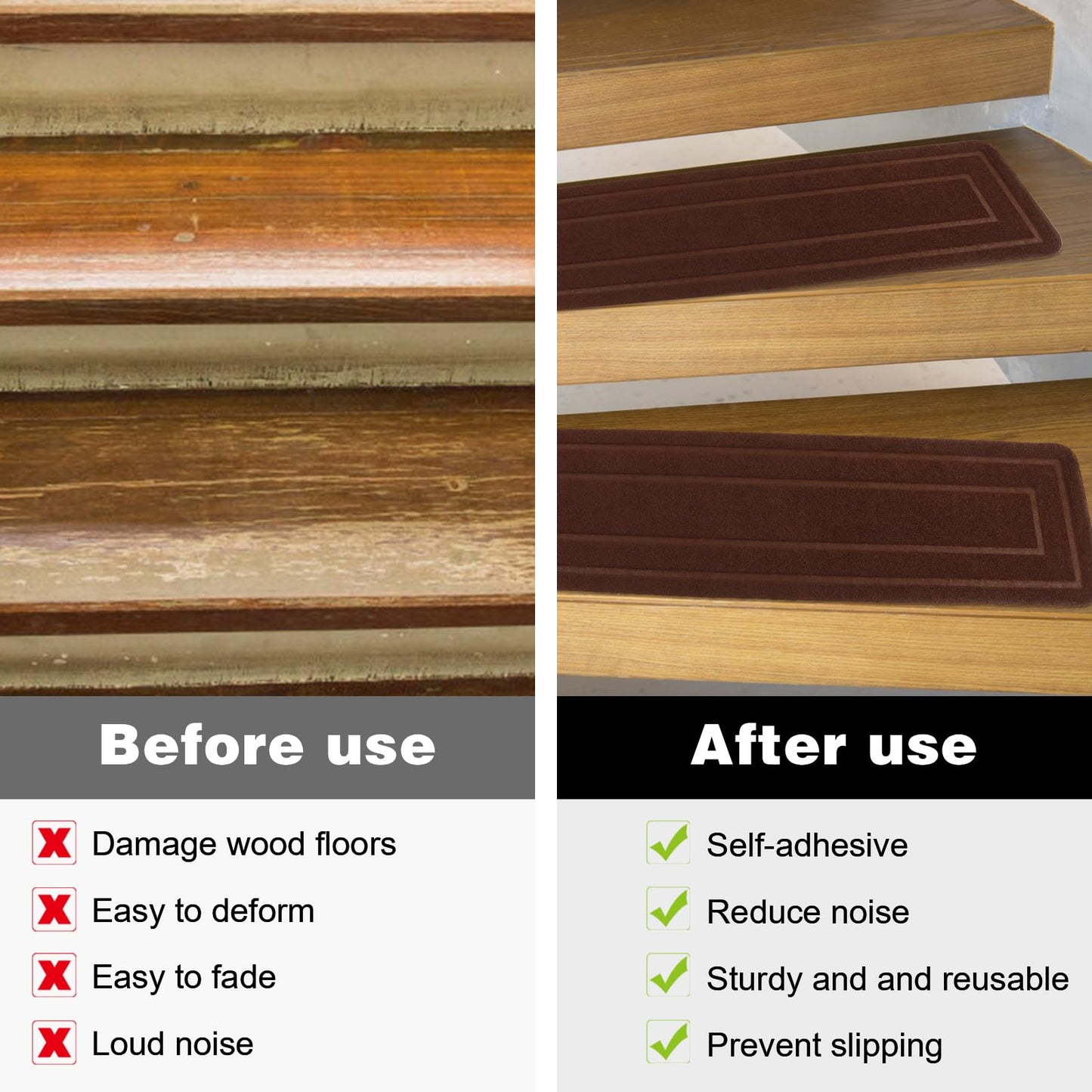 Aoxisicoo 15-Pack Brown Stair Treads for Indoor Wood Steps, 8x30 Inch Non-Slip Carpet Mats with Self-Adhesive Backing, Machine Washable Safety Runner for Kids, Elders and Pets