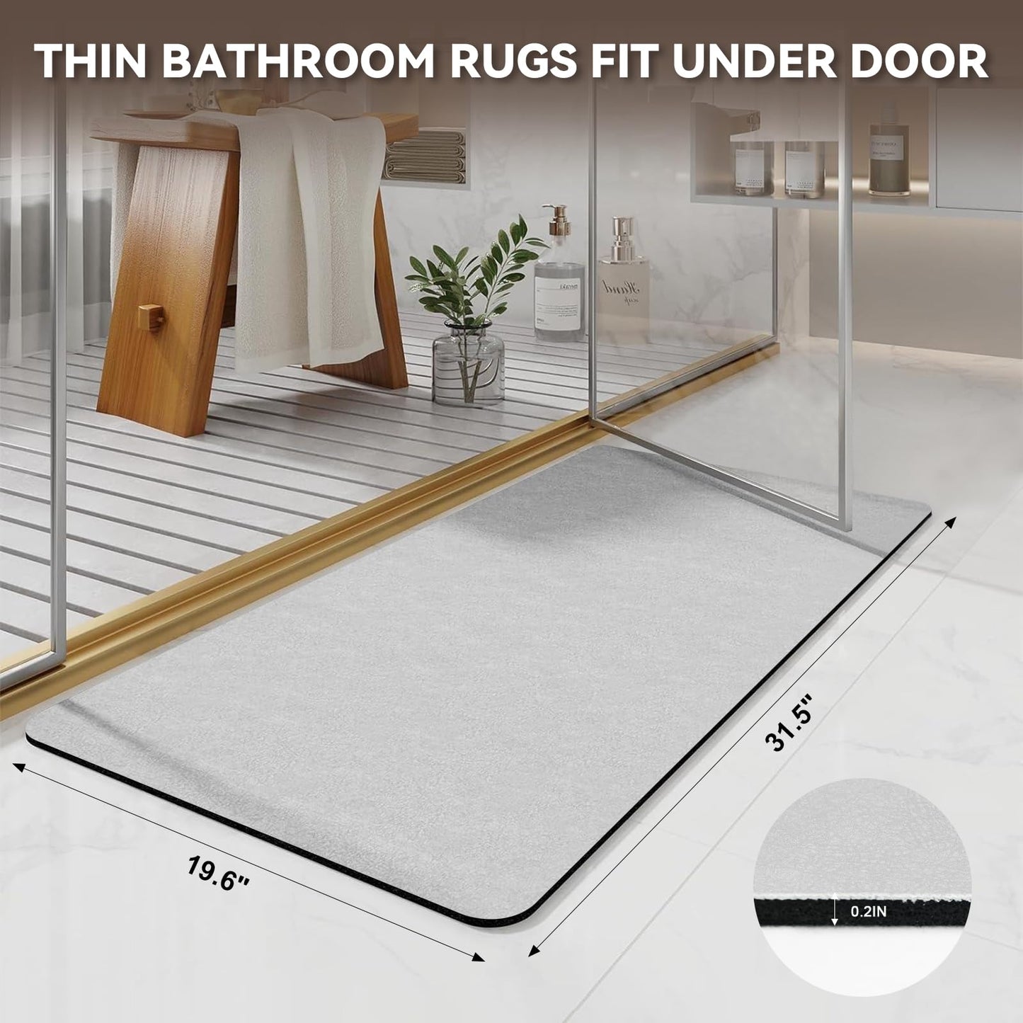 Large Bath Mat Diatomaceous Earth Bath Super Absorbent Quick Dry Non Slip Diatomite Stone Bath Mat Thin Bathroom Floor Mats Fit Under Door-Shower Rug for in Front of Bathtub Shower, Grey, 19.6"x31.5"