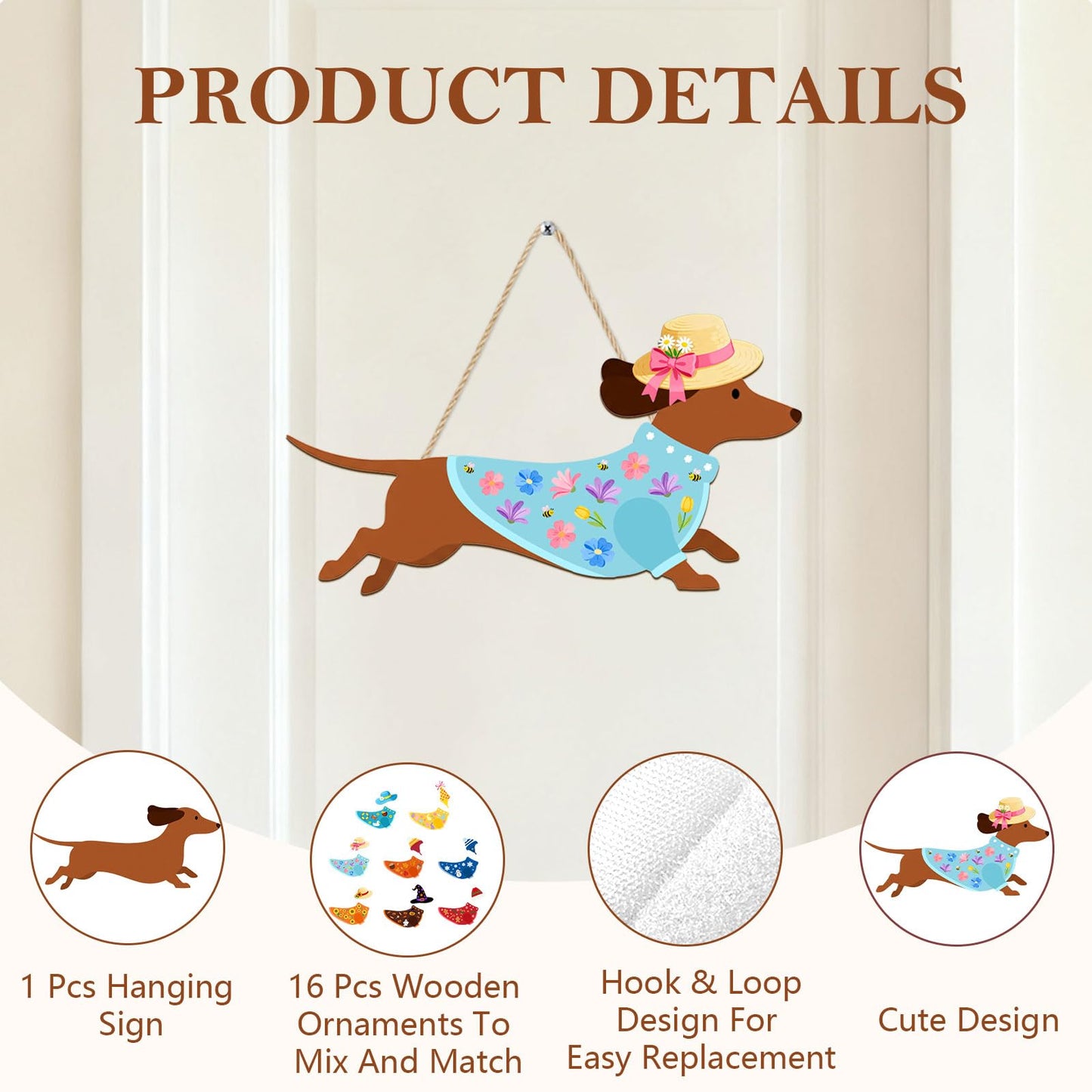 Interchangeable Wooden Dachshund Decoration, Xmas Hanging Wall Door Decor, Changeable Holiday Seasonal Decor and Detachable Hats Welcome Sign, Farmhouse Hanging Sign for Front Door, 16 PCS