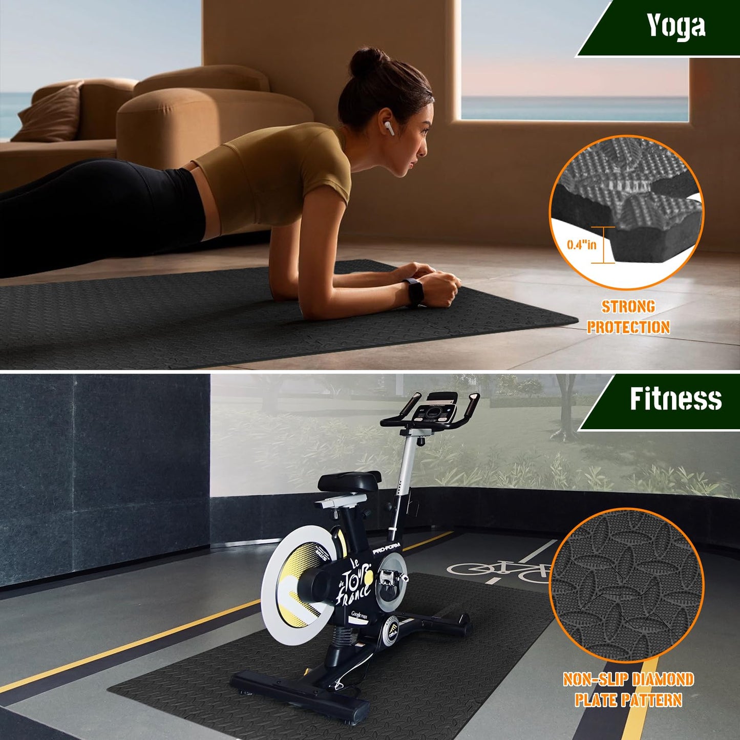 GWT Interlocking EVA Foam Floor Tiles 24x24 Inch 0.4 Inch Thick Gym Flooring for Home Gyms Garages and Basements, 12 Pack Covers 48 Square Feet, Shock-Absorbing Easy Snap-Together Install
