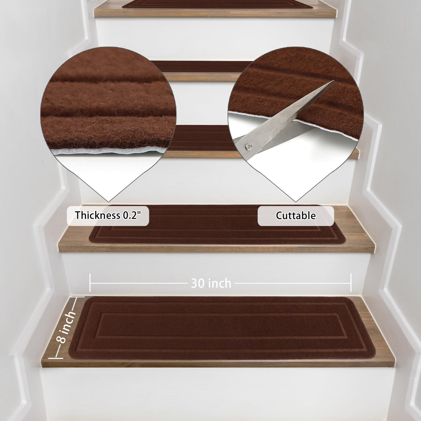 Aoxisicoo 15-Pack Brown Stair Treads for Indoor Wood Steps, 8x30 Inch Non-Slip Carpet Mats with Self-Adhesive Backing, Machine Washable Safety Runner for Kids, Elders and Pets