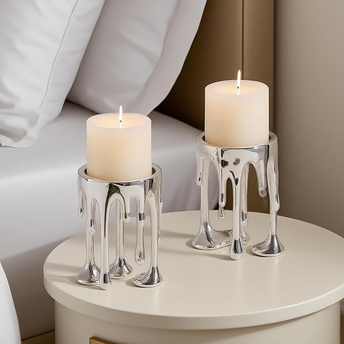 Decorative Candle Holders Set of 2 – Melting Drip Candle Stand for Pillar Candles – Sculptural Fireplace Decor, Gothic Table Centerpiece, Unique Home Accent(Silver, Set of 2)