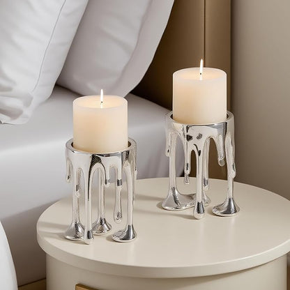 Decorative Candle Holders Set of 2 – Melting Drip Candle Stand for Pillar Candles – Sculptural Fireplace Decor, Gothic Table Centerpiece, Unique Home Accent(Silver, Set of 2)