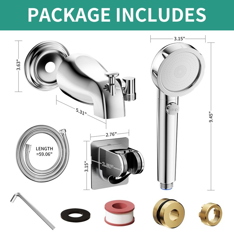 HEROBAI All Metal Bathtub Faucet Sprayer Attachment, Tub Spout with Diverter and Filtered Shower Head, Bathtub Hose Attachment for Tub Faucet, 3 Settings Hand Held Shower with On/Off Switch (Chrome)