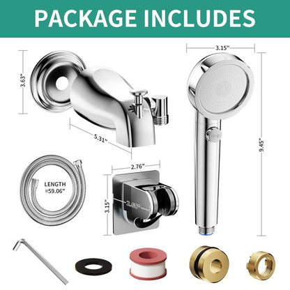 HEROBAI All Metal Bathtub Faucet Sprayer Attachment, Tub Spout with Diverter and Filtered Shower Head, Bathtub Hose Attachment for Tub Faucet, 3 Settings Hand Held Shower with On/Off Switch (Chrome)