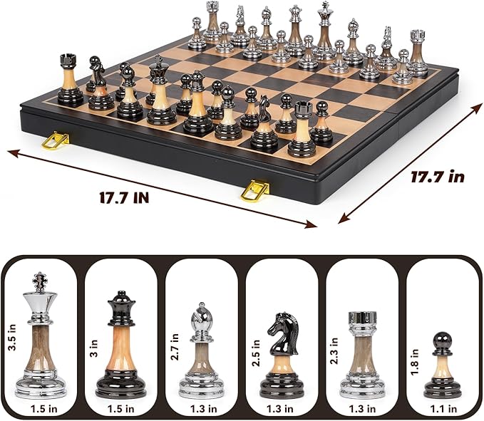 Luxury Large Metal &amp Acrylic Chess Set with Wooden Chess Board (17”) – Weighted Chess Pieces with 3.5” King Foldable Tournament Chess Set for Adults &amp Kids Professional Chess Game Set