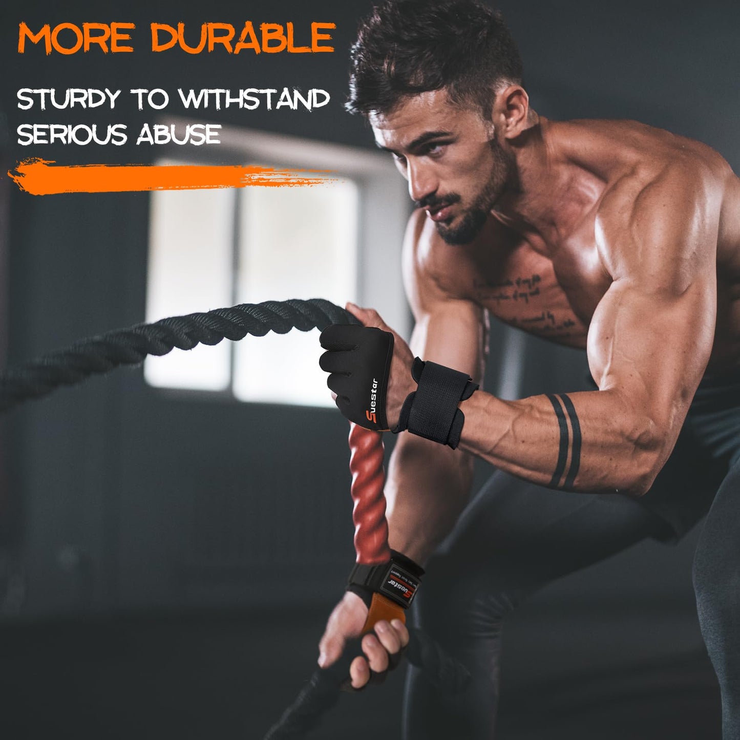 SueStar Workout Gloves, Heavy Duty Cowhide Padded Weight Lifting Gloves with Wrist Support, Full Palm Protection & Silicone Grips, Ideal for Weightlifting, Deadlifts, Exercise (Large), Black