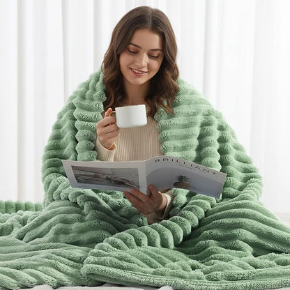 decorUhome Soft Fleece Sage Green Blanket King Size for Bed, Cozy Fluffy Plush Flannel Large Striped Throws for Couch Sofa, Lightweight Decorative Fuzzy Blanket for Woman, 108x90 Inches