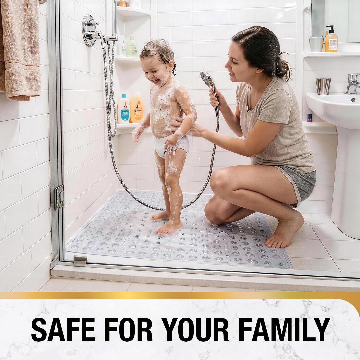 HITSLAM Square Shower Mat 27x27 Inch, Extra Large Non Slip Shower Mats for Inside Shower Stall, Anti Slip Bath Floor Mat with Strong Suction Cups & Drain Holes, Machine Washable, Clear
