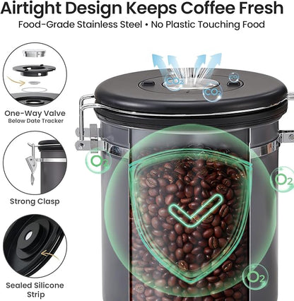 Veken Coffee Canister, Airtight Stainless Steel Kitchen Food Storage Container Holder for Beans, Ground, Tea, Flour, Cereal, Sugar, Espresso, Bar Accessories, Lids, Jars, Sealed Tin, Scoop,16OZ, Gray