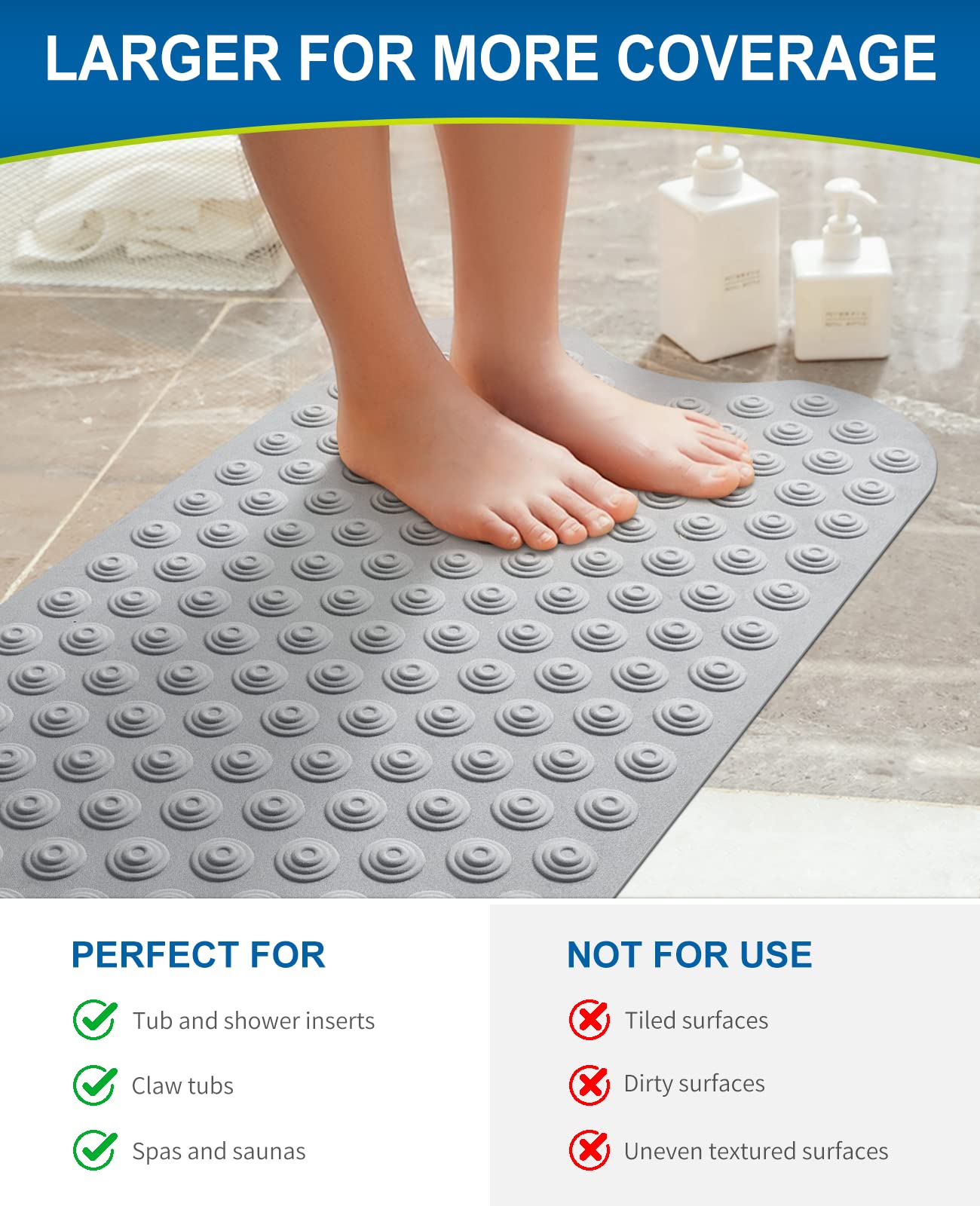 Bligli Bathtub Mat Non-Slip Without Suction Cups, 39x16inch Extra Long Bath Mats for Shower Bathroom, Machine Washable Natural Rubber Shower Tub Mat (39x16inch, Gray)