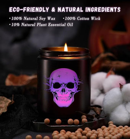 Halloween Decor Indoor-Halloween Gifts Candles with LED Skull Face, Leather Candle for Men Over 40 Hours of Burn Time, Gift for Husband, Friends, Home Decorations Indoor, 100% Soy Wax