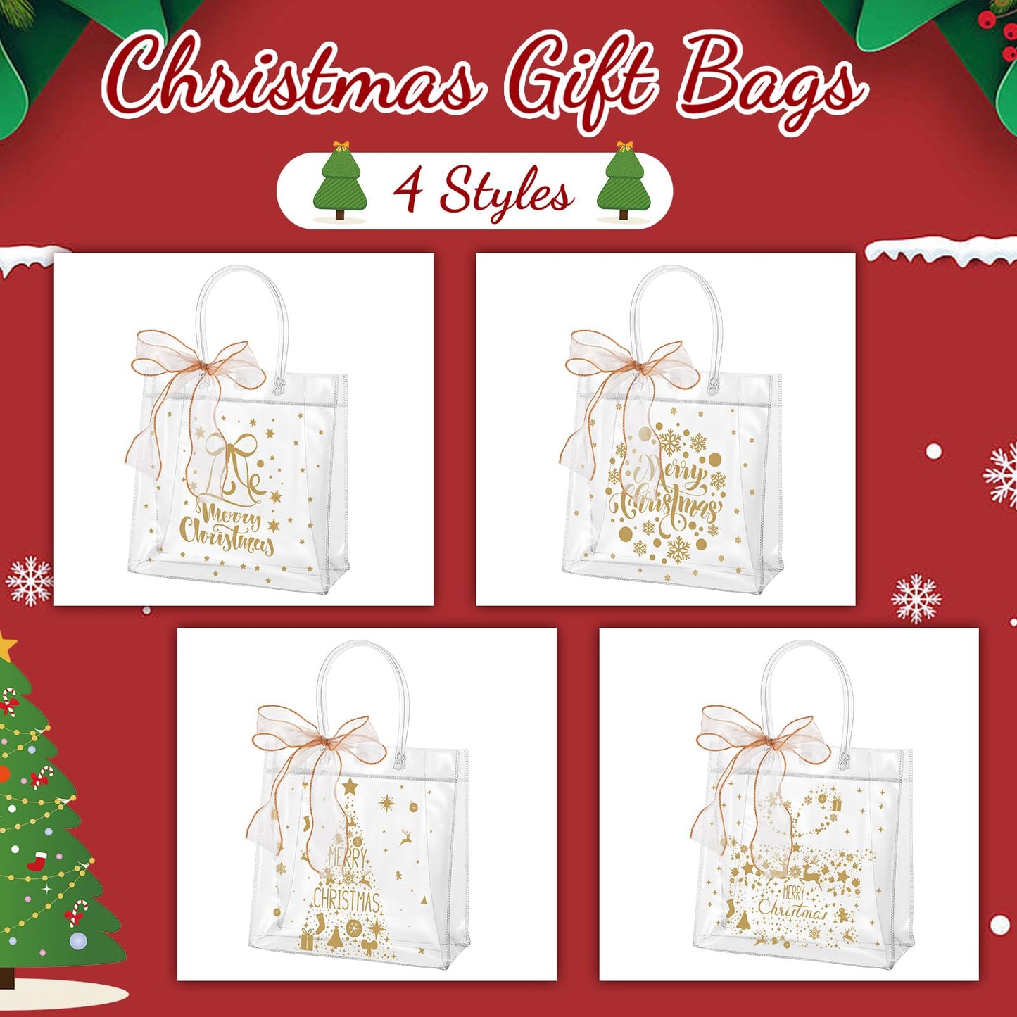 Henoyso 24 Pcs Gold Christmas Clear Gift Bags Plastic Goodie Candy Treat Bag with Handles PVC Gift Wrap Totes with Ribbon for Xmas Party Favors (7.8 x 7.8 x 3.1)