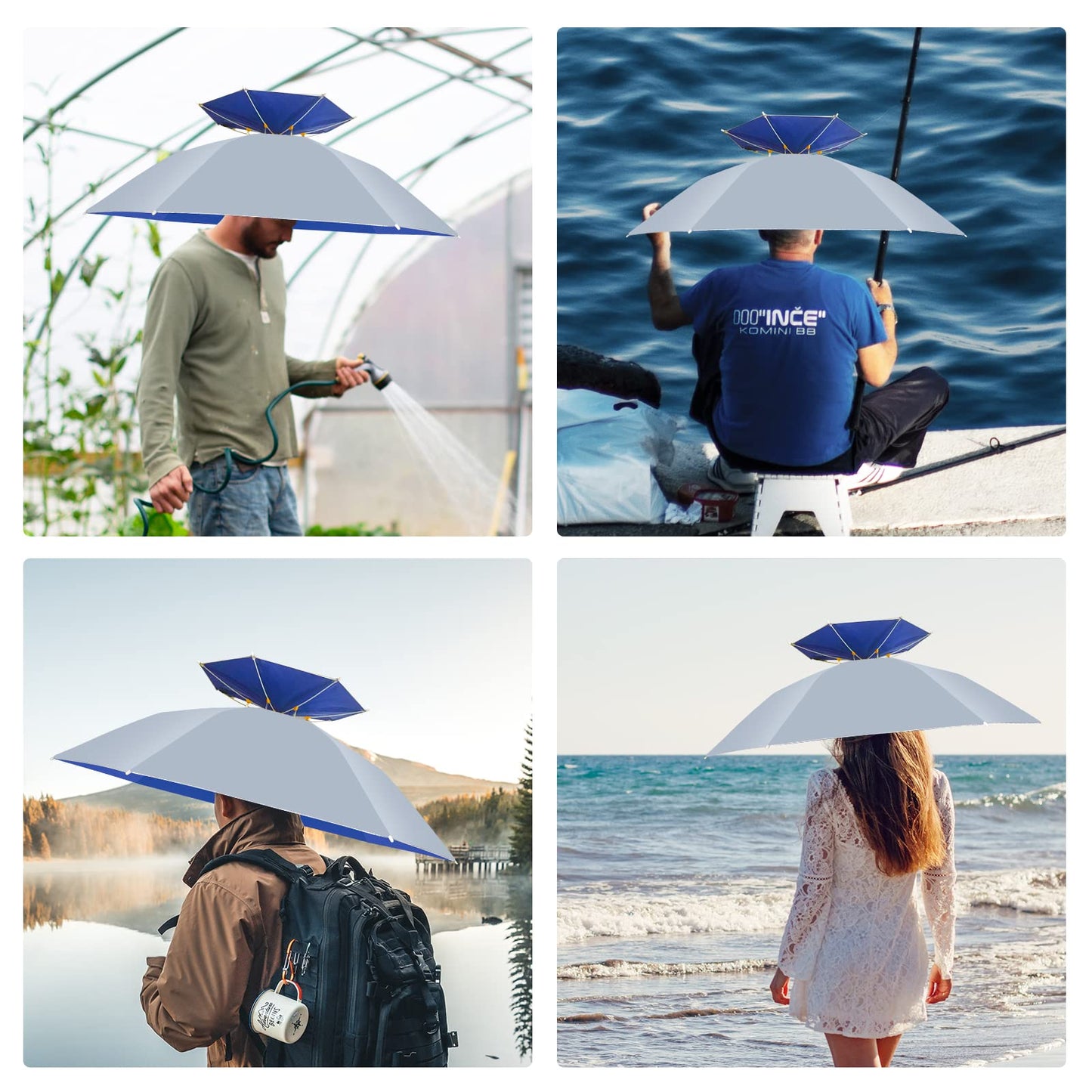 NEW-Vi Fishing Umbrella Hat Folding Adjustable Sun Rain Cap, 37.4”Oversize Hands Free Umbrellas, 7-Ribs Anti-UV Waterproof Headwear for Fishing Gardening Golf Sunshade Outdoor (Silver)