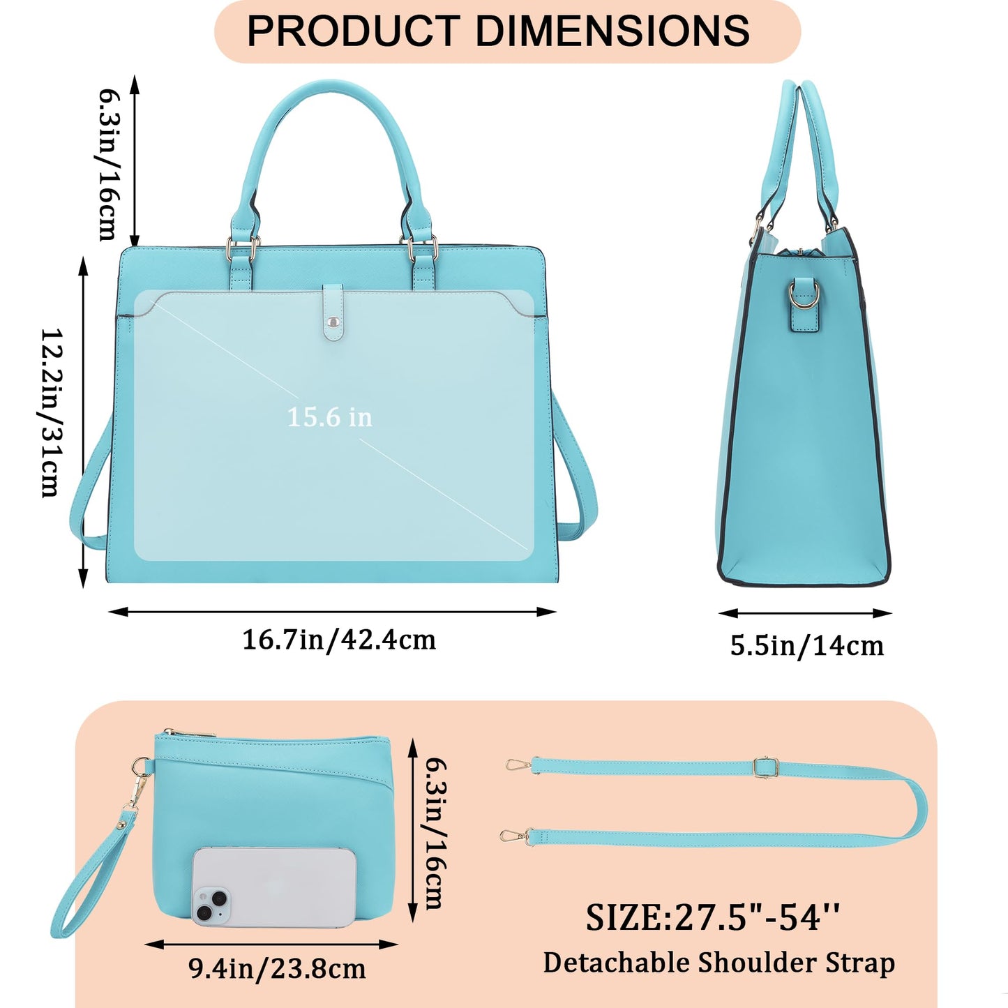 YZAOLL 15.6 Inch Vegan Leather Laptop Bag for Women Lightweight Water-Resistant Work Tote Briefcase for Travel,College,Office JBlue