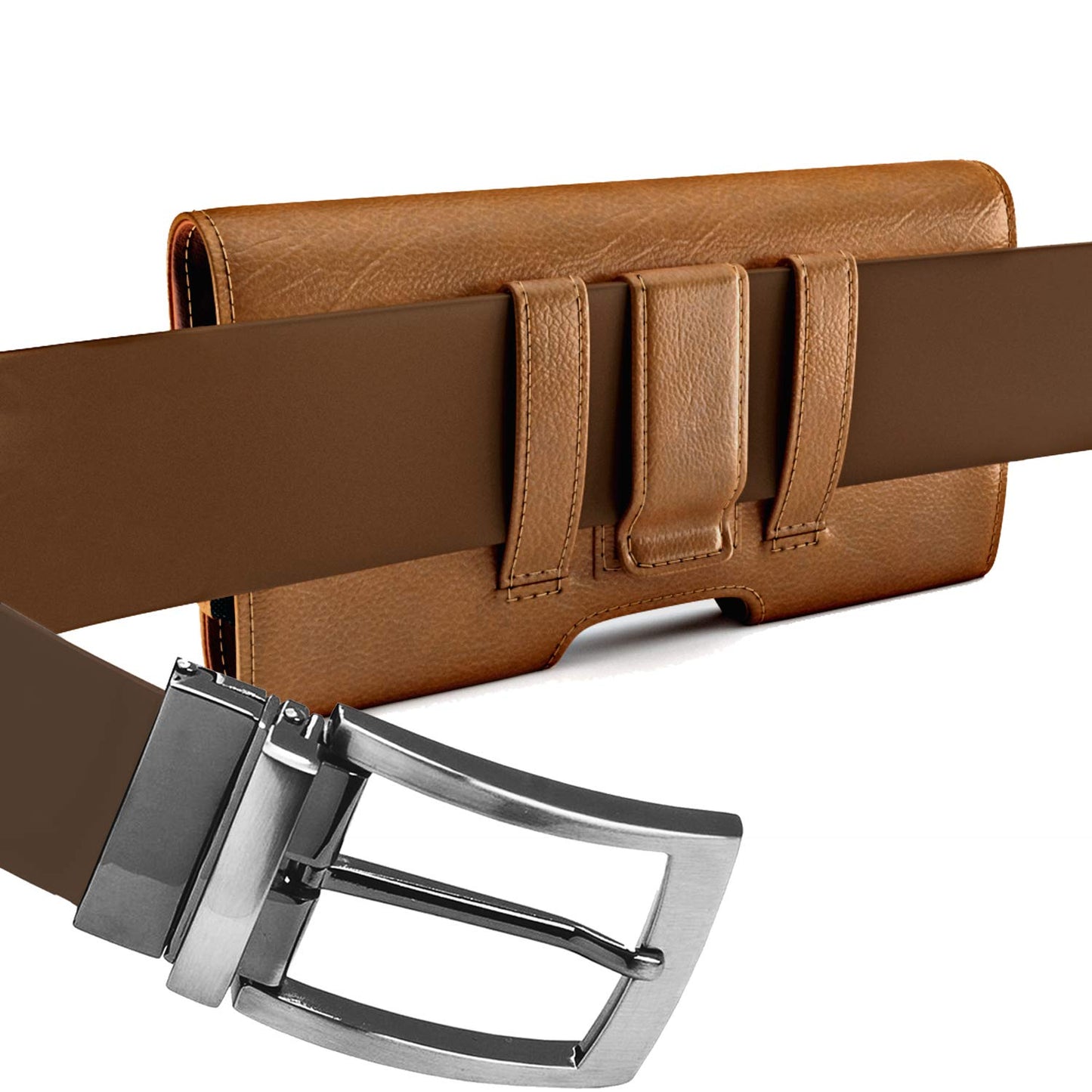 PiTau Holster for Large iPhone Plus, Pro Max Models 16 15 14 13 12 11 Xs Max – Cell Phone Belt Holder Clip Case, ID Card Carrying Pouch (Fits Otterbox Commuter Case) Brown