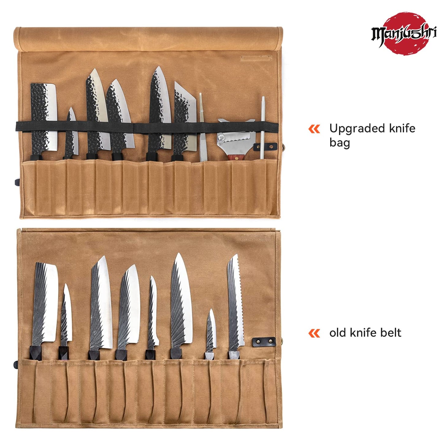 Manjushri Chef Knife Rolls with 9 slots- Canvas Knife Roll Bag with Genuine Leather Belt (Brown)