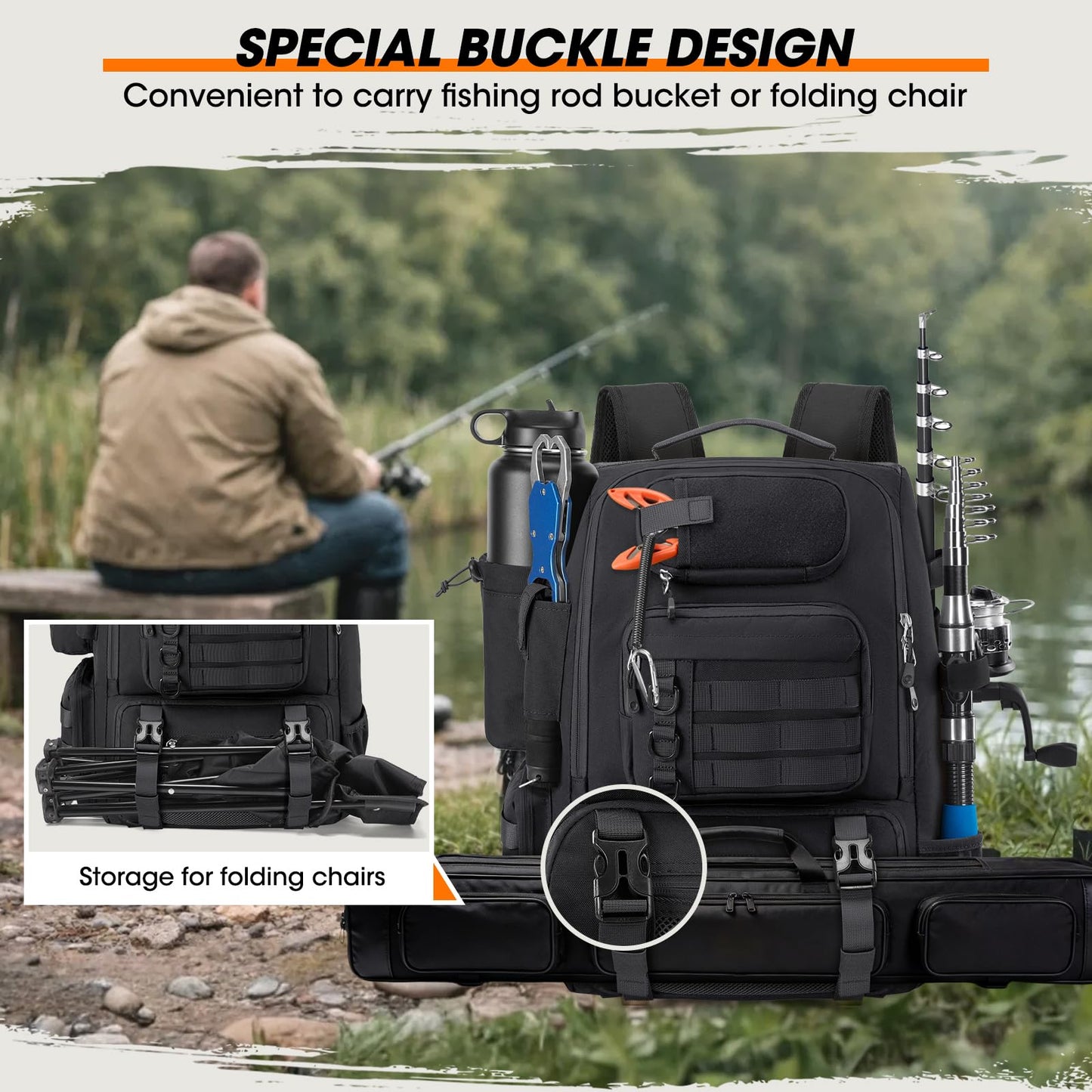 RAINSMORE 40L Fishing Backpack with Rod Holders & Cooler Compartment Water-Resistant Fishing Tackle Backpack with Rain Cover, Fits 4 x 3600 Boxes, Outdoor Gear Pack for Fishing & Camping
