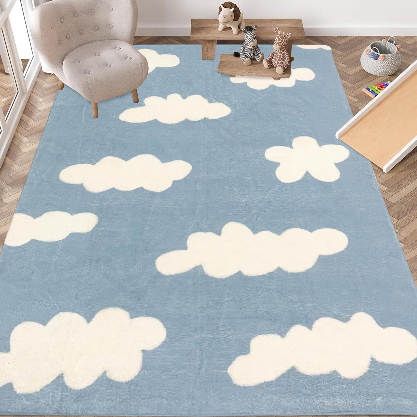 USTIDE 5 x7 Blue Sky White Cloud Area Rug Super Soft Fluffy Wool Rug Kids Rug Non Slip Carpet Floor Mat for Living Room Bedroom Children Room Nursery