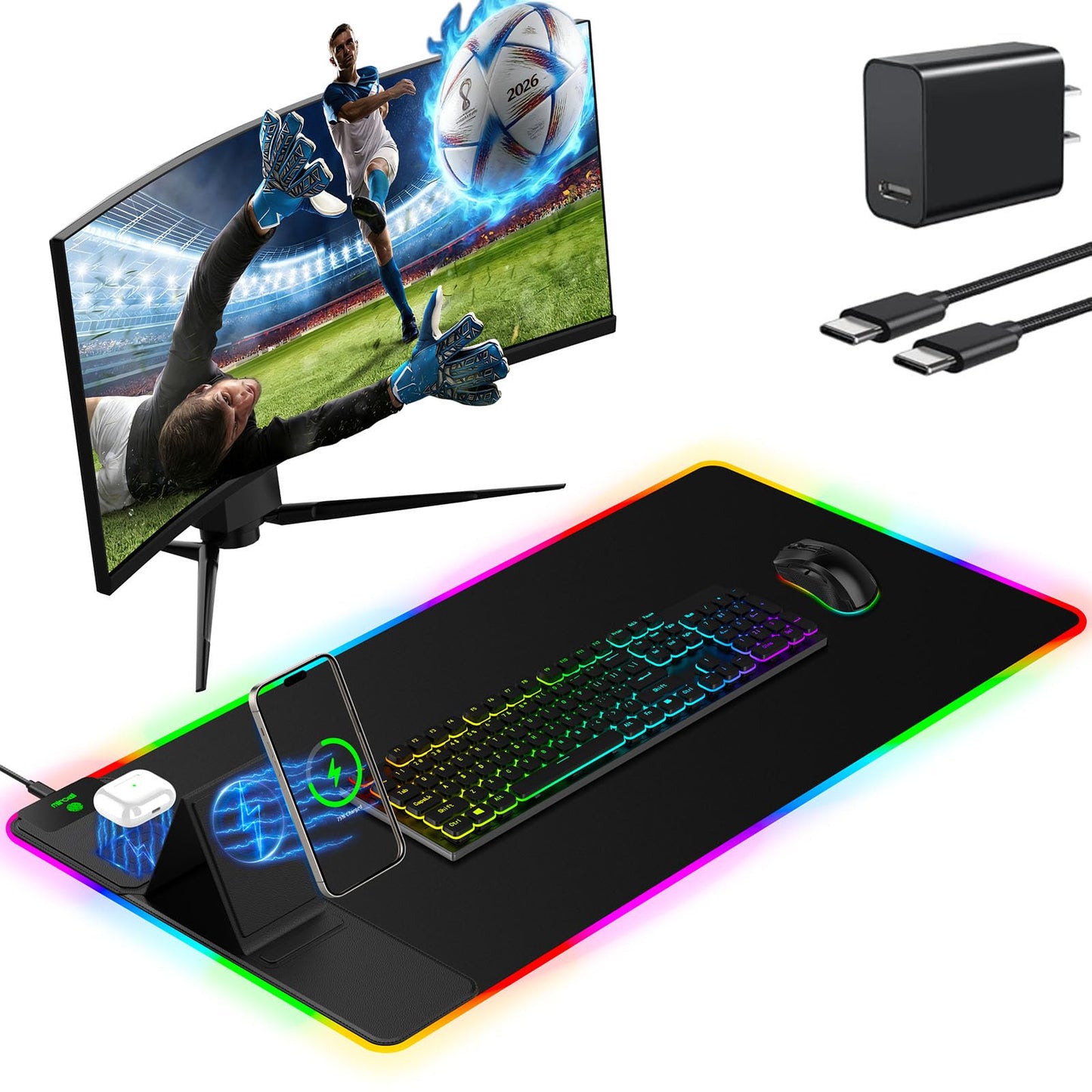 Mouse Pad with Wireless Charger Foldable Phone Holder, XXL RGB Gaming Mousepad 31.5"x15.8" Large Desk Mat for Keyboard, Black Desk Pad with Dual Qi Charging Station, 11 Colors 5 Modes