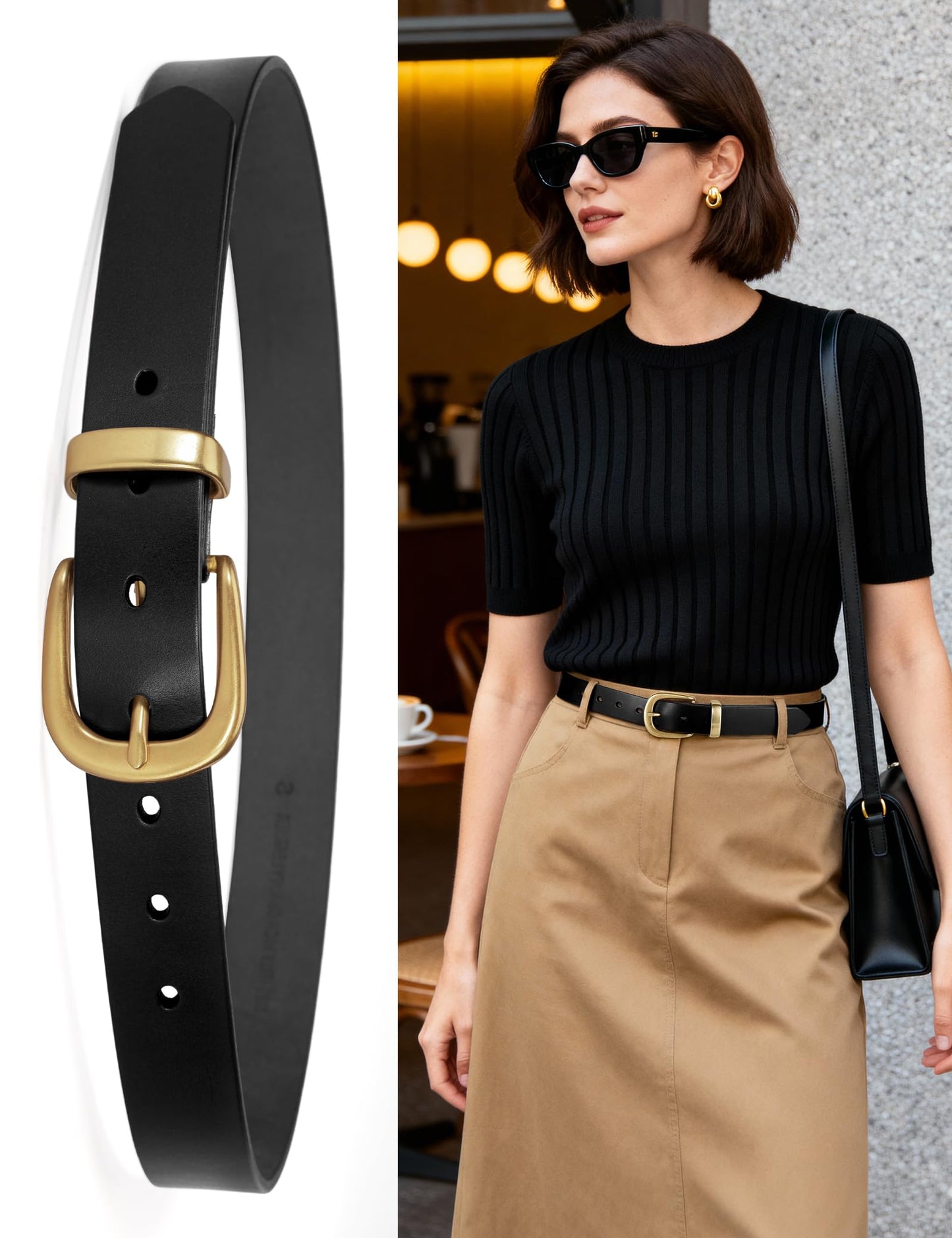 wolksprong Womens Belts for Jeans 1.1" Width Ladies Belts for Dresses Full Grain Leather Gold Buckle Belt Gift Box