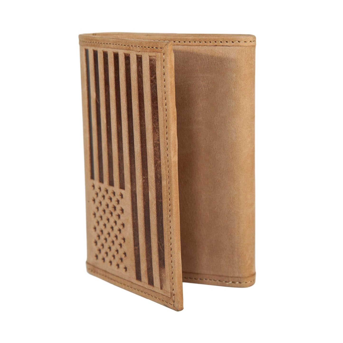 Lucky Brand American Flag Embossed Leather Trifold Wallet for Men with RFID Blocking, Tan
