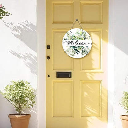 Spring Summer Welcome Door Sign Green Eucalyptus Leaf Wooden Door Hanger Floral Leaves Front Door Hanging Sign for Outdoor Home Farmhouse Porch Sign Decor