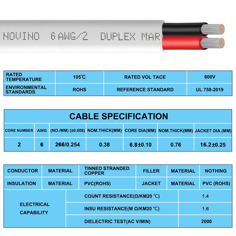 18 Gauge Marine Wire,18 AWG 100ft Duplex Marine Grade Wire,Tinned Copper Heavy Duty Sheathed Cable for Boat/Automotive/RV/Camper/Trailer