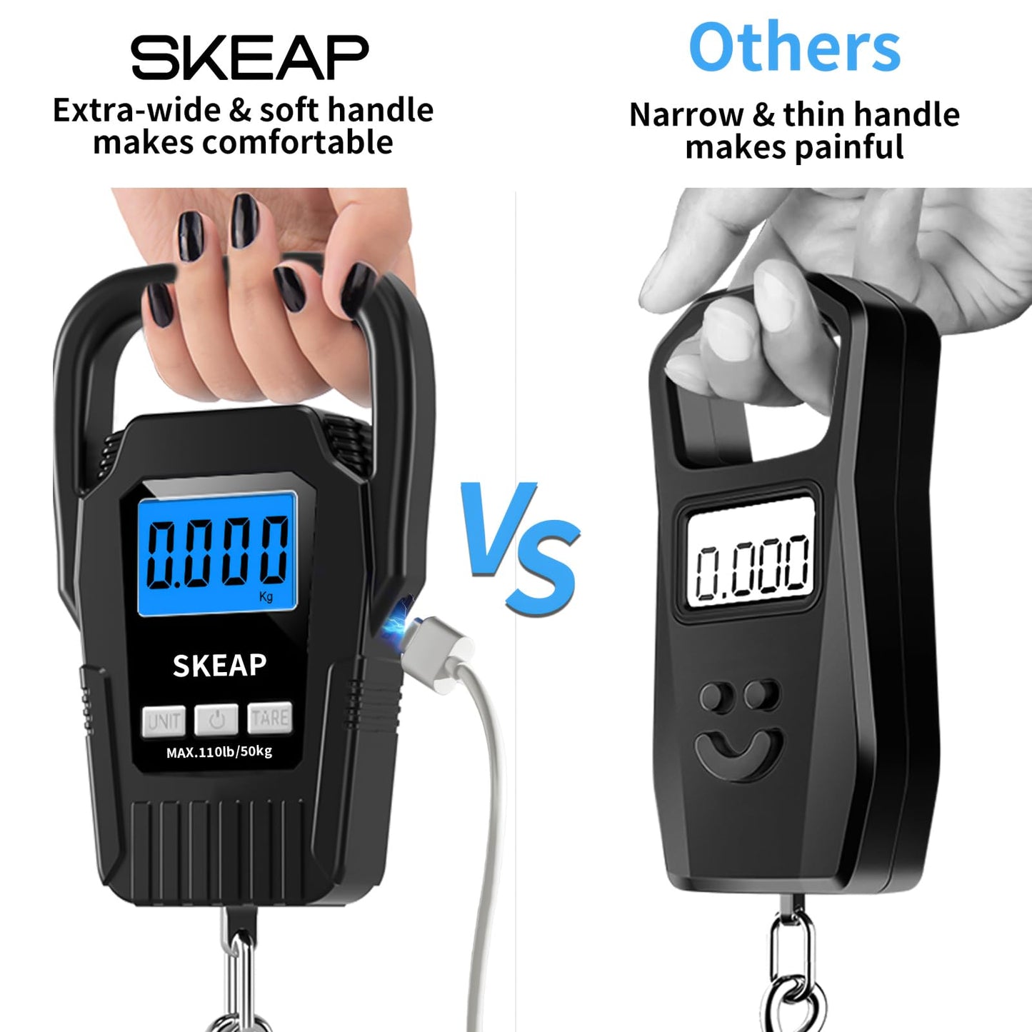 SKEAP Digital Fish Scale - 110lb/50kg Backlit LCD Fishing Gear with Portable Handle, Includes 2 AAA Batteries & Stainless Steel Hook, with USB Charging- Fishing Gifts for Men