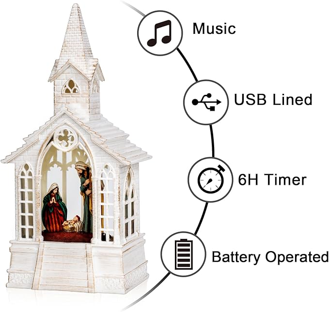 Christmas Nativity Snow Globe Lantern Musical Holy Family Lighted Water Church with Silent Night Music for Christmas Festival Decoration Gifts