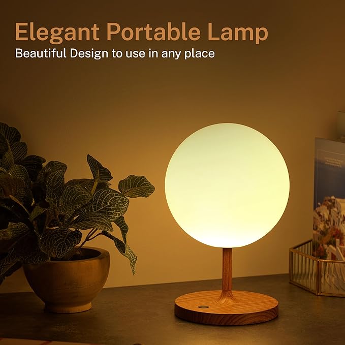 Outdoor Battery Operated Table Lamp & Power Bank - 5000mAh Rechargeable Battery Powered, Touch Dimmable, 3 Color Temperatures, IP44 Waterproof Lamp for Home, Patio Use - 9.6 In Modern Wood Grain Globe
