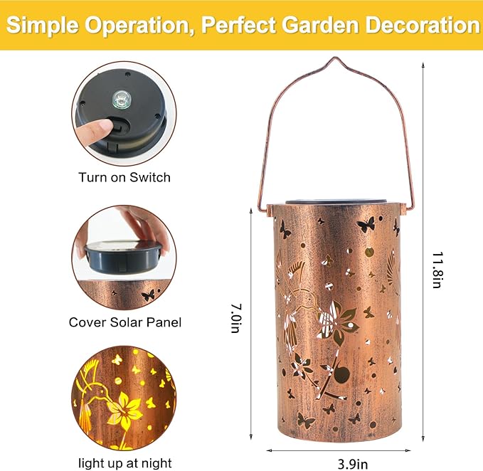 2 Pack Solar Lanterns Outdoor Waterproof Hummingbirds Birthday Gifts for Women Mom Grandma Garden Decor Metal Hanging LED Decorative Light for Patio Yard Lawn Backyard Front Porch Gardening Gifts