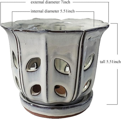 Orchid Pots with Holes 6 inch Ceramic Orchid Pot with Attached Saucer and Drainage Hole (White)