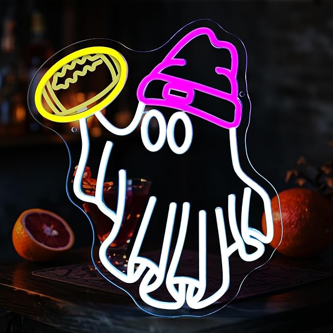 Halloween Ghost Neon Signs for Wall Decor Dimmable USB Powered Football Ghost Signs Gift for Football Fans Teens, Halloween Ghost Neon Light for Bedroom, Living Room, Bar, Party
