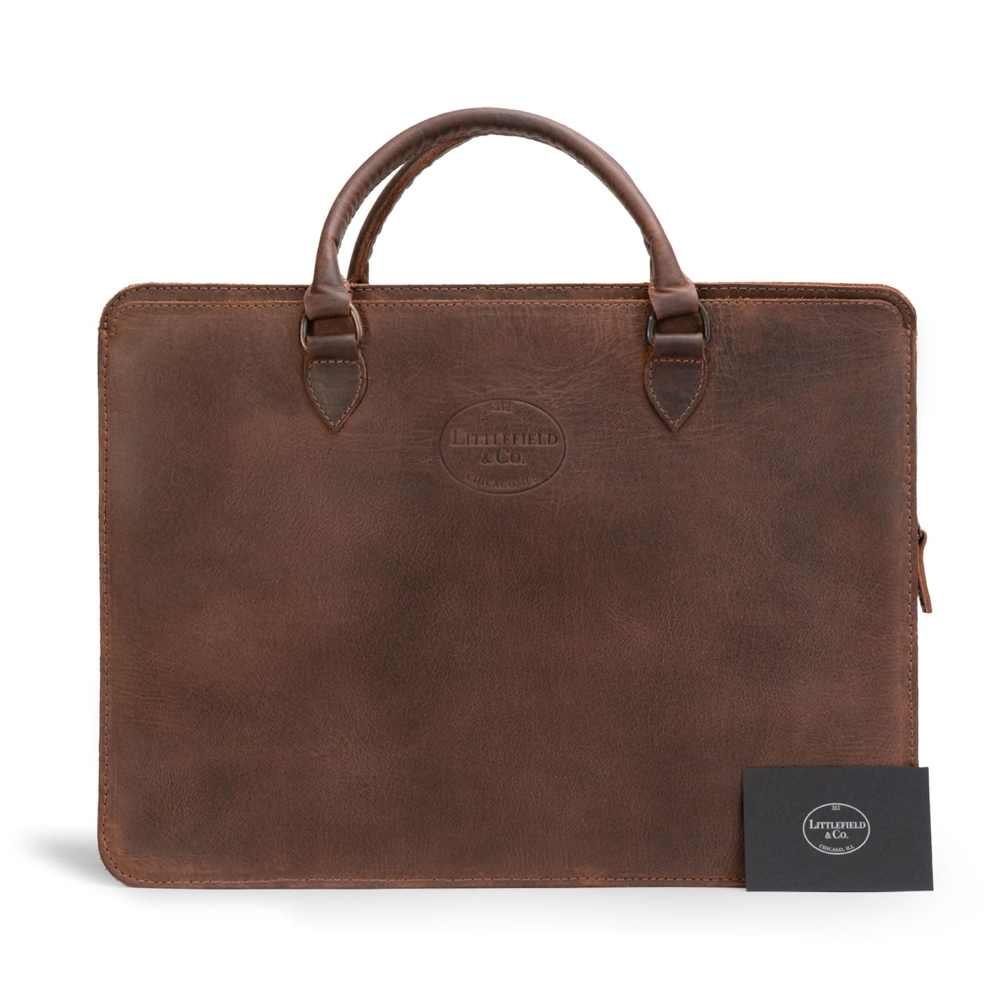 Littlefield & Co., Classic Portfolio Document Holder with Handles, Padfolio with Zipper Closure, Rustic Briefcase, Full Grain Leather, Handmade, Bourbon Brown