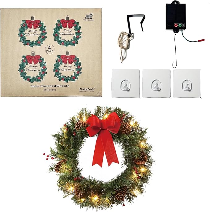4Pack Solar Christmas Wreath Pre-Lit Solar 50 Led Artificial Wreath Outdoor Front Door Window Christmas Decorations with Frosted Branches Berry Clusters Red Velvet Bows (2401-4pk)