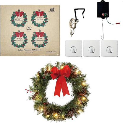 4Pack Solar Christmas Wreath Pre-Lit Solar 50 Led Artificial Wreath Outdoor Front Door Window Christmas Decorations with Frosted Branches Berry Clusters Red Velvet Bows (2401-4pk)