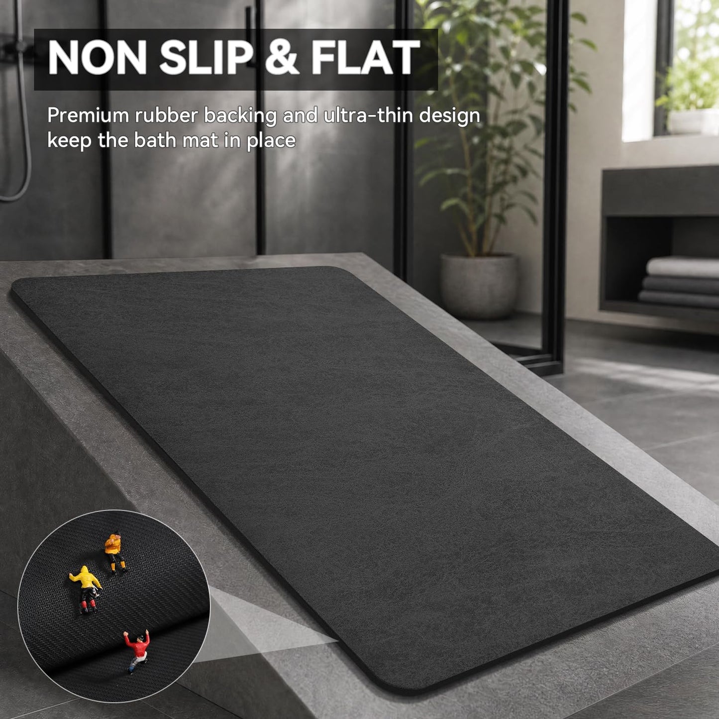 MontVoo -Bath Mat Rug-Rubber Backing Non Slip Quick Dry Absorbent Thin Bathroom Rugs Fit Under Door-Faux Suede Surface Bathroom Floor Mats-Shower Rug for in Front of Bathtub Shower Dark Grey 16"x24"