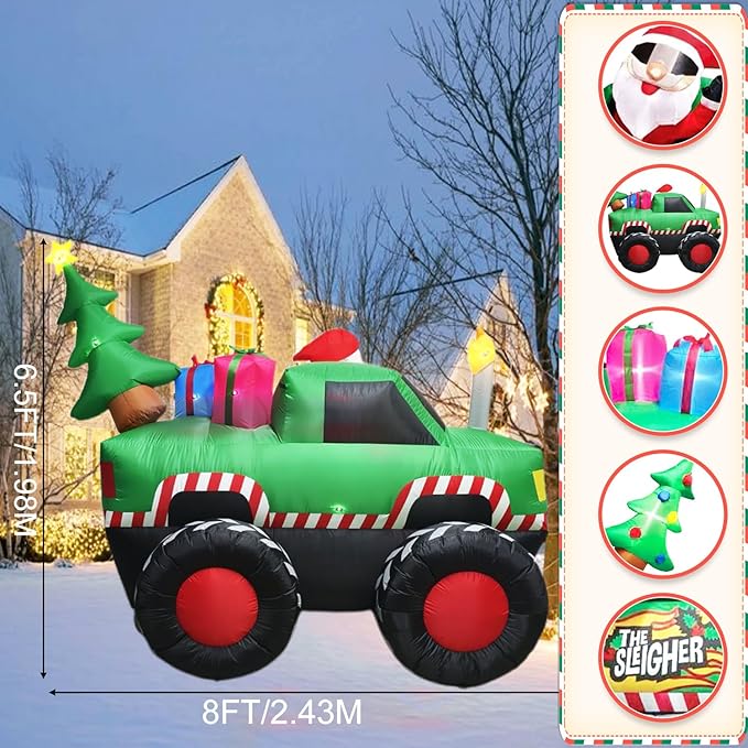 8FT Long Christmas Inflatables Monster Truck, Xmas Blow up Santa Driving Truck with Christmas Tree and Gifts Boxes Outdoor Decorations, X-mas Inflatable Yard Garden Lawn Party Holiday Decor